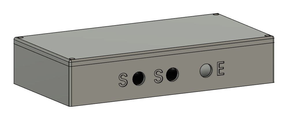 Boîtier sur mesure pour coupleur télécom, fermé, en vue 3D avec les passages de câbles repérés S, S et E